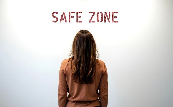 Woman standing at a wall written "safe zone" area or environment designated to protect people from harm, physical danger , military attacks or psychological danger from judgment and discomfort