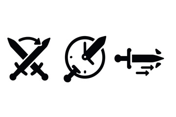 Minimalist sword icons: rotation, clock, and motion symbols