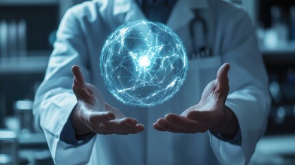 Scientist in white coat holding glowing energy sphere in hands