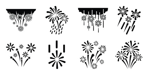 Illustration of the new year fireworks rain silhouette vector icon set. happy New Year 2026 vector icons