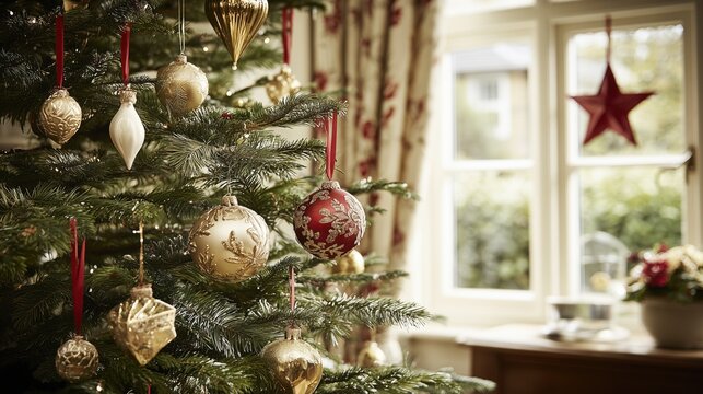 Elegant Christmas tree decorated with classic gold and red ornaments in a cozy, sunlit family home interior