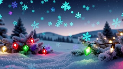 A festive winter scene with colorful lights and snowflakes in a snowy landscape.