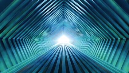 Abstract converging tunnel, blue and teal tones, light at the end. Perspective lines lead to a bright focal point