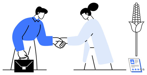Businessman with briefcase shaking hands with scientist in lab coat, corn plant, and resume with stars. Ideal for collaboration, career, science, agriculture, recruitment, partnerships simple flat