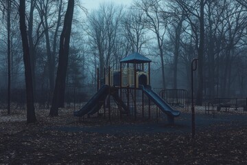 Playground with colorful slide and climbing structure surrounded by green grass and trees
