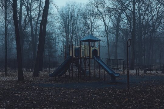 Playground with colorful slide and climbing structure surrounded by green grass and trees