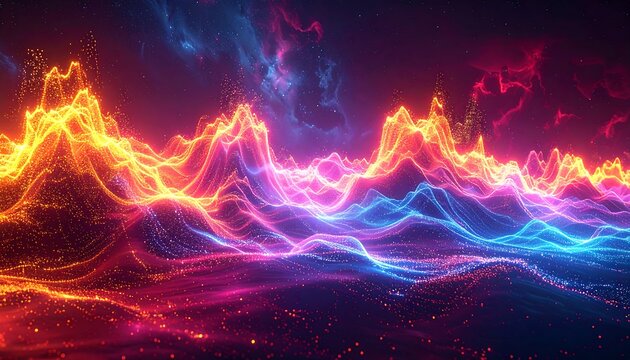 Abstract landscape of glowing neon mountain ranges under a colorful nebula sky - Powered by Adobe