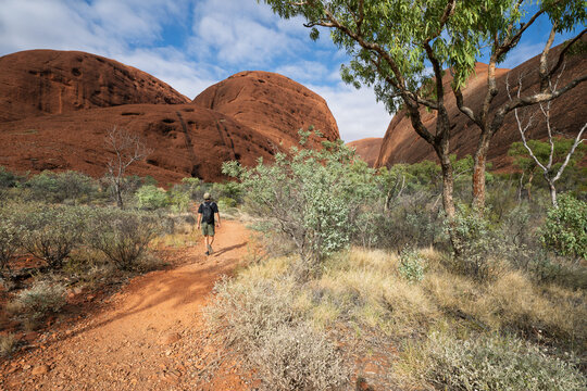 Hiker walking red dirt trail toward massive domes of Kata Tjuta, Australia - Powered by Adobe