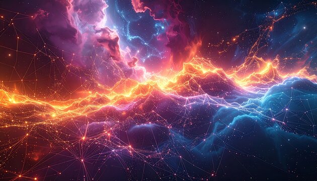 Abstract cosmic rendering of bright neon clouds with intricate interconnected webs of light against a dark backdrop