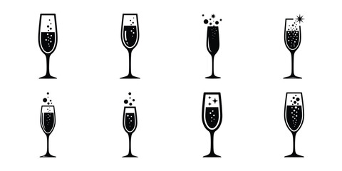 Illustration of the new year sparkling champagne glass silhouette vector icon set. happy New Year 2026 vector icons
