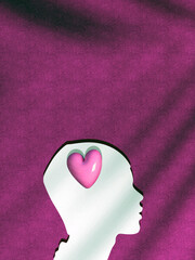Human silhouette with a heart inside the head, symbolizing emotional intelligence, love, empathy, mindfulness, and mental well-being,  educational content, personal dev