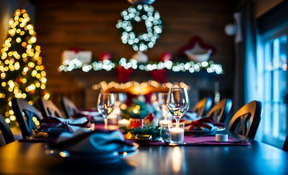 Winter holidays and celebration concept - blurred lights and table served for christmas dinner party at home christmas background christmas holiday background winter decoration celebration - Powered by Adobe