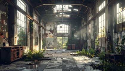 Abandoned warehouse with light shining through windows, plants growing inside, and peeling paint