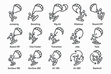 Kiteboarding tricks icons collection in linear style with jumping and transition techniques