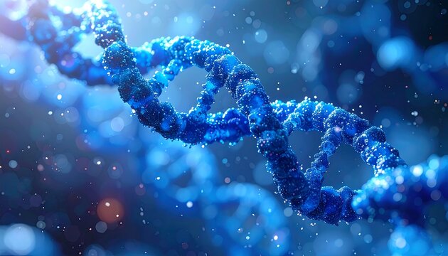 Abstract, luminous DNA strand in shades of blue, against a bokeh background, suggesting genetic information
