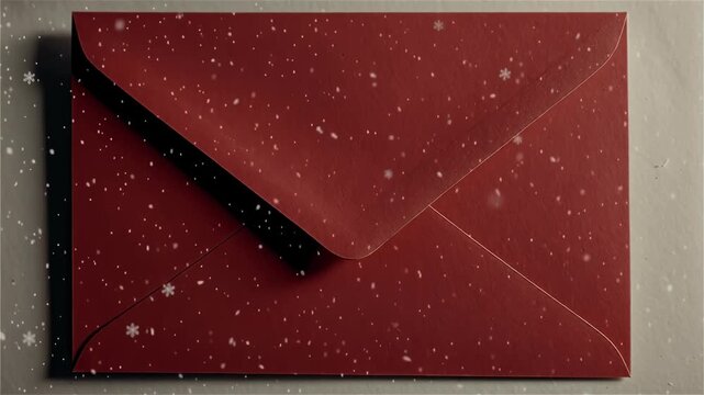 A festive red envelope adorned with falling snowflakes, perfect for holiday greetings.