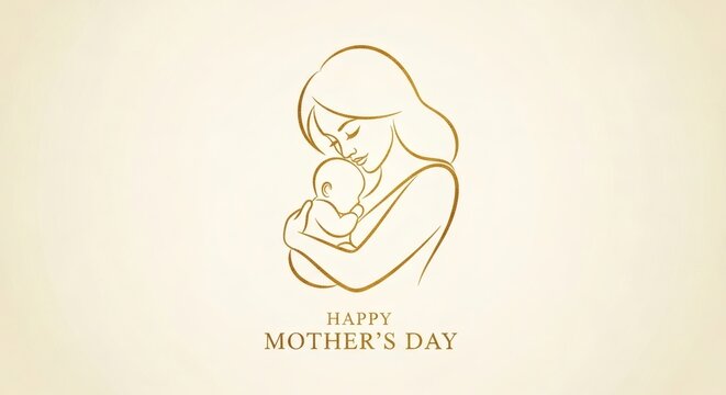 Minimalist Gold Line Art Silhouette of Mother and Baby. Elegant "Happy Mother's Day" Banner