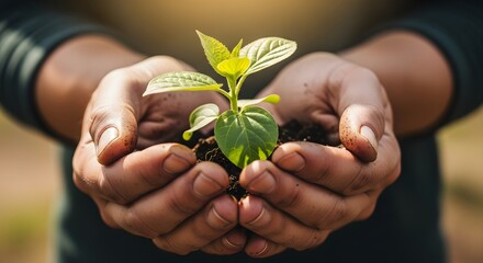 Close-up of cupped hands holding a small green plant seedling with soil, symbolizing growth, care, and environmental responsibility.