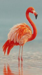Elegant flamingo with striking orange and pink feathers, standing calmly in shallow water, reflecting its beauty against a soft blue backdrop.