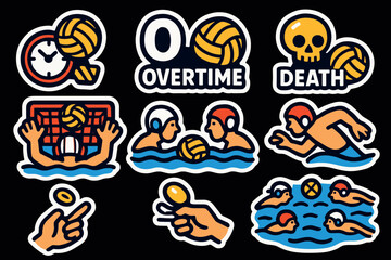 Bold and playful water polo themed sticker designs with humorous elements