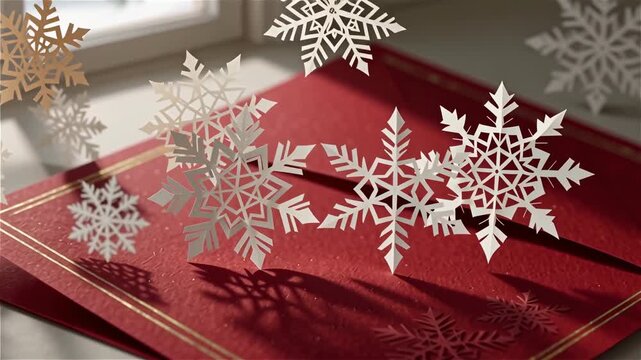 A red envelope with snowflake decorations on a table by a window.