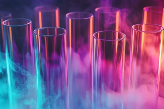 Row of test tubes filled with colorful smoke in a laboratory setting on a white background