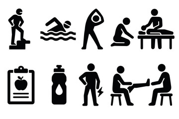 Fitness and wellness silhouettes: exercise, therapy, and nutrition icons