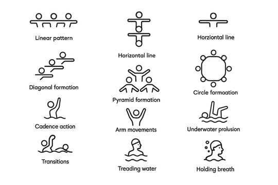 Swimming techniques depicted in modern linear icons for training guides and tutorials