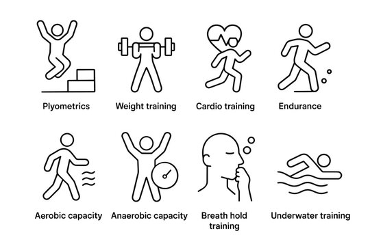 Fitness icon set: diverse physical training techniques in minimalist design