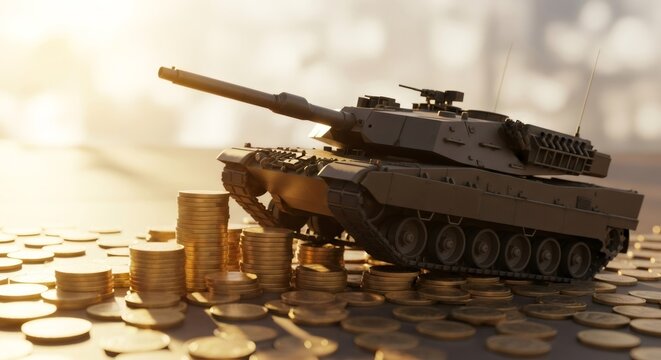 Tank model on a pile of gold coins. Concept of economic war, sanctions, and financial crisis. Illustration of military spending impact on economy.