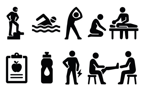 Fitness and wellness silhouettes: exercise, therapy, and nutrition icons
