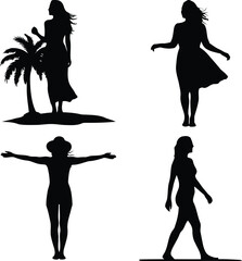 Set of four elegant female silhouettes depicting different postures and styles, from a tropical beach scene to casual walks, isolated on