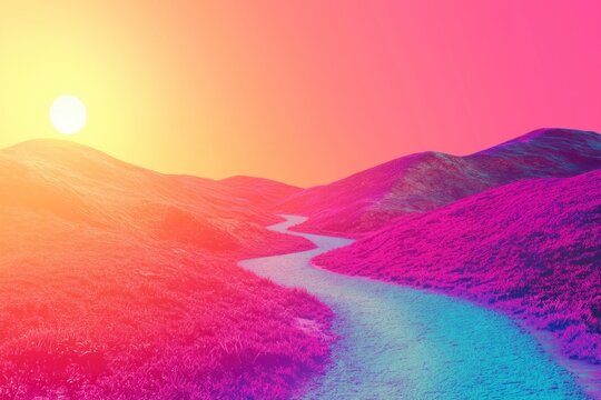 Vibrant colorful landscape featuring mountains river and lush greenery under a blue sky