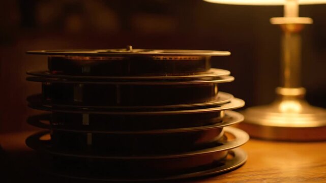 Film reels stacked on a wooden surface with a warm lamp nearby