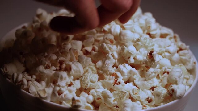 Close up hand taking popcorn from white bowl full of popcorn during movie watching home cinema snack film night cozy evening leisure moment (