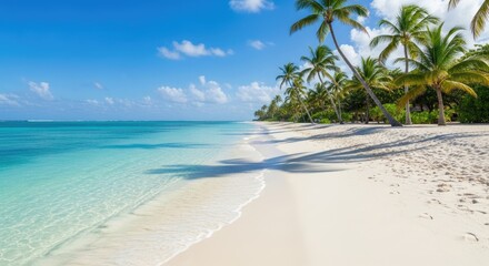 tropical beach paradise featuring pristine white sand, crystal-clear turquoise ocean waters, and a vibrant line of lush palm trees