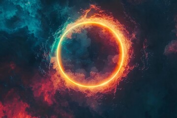Obraz premium Ring of fire located in the center of a dark blue and red cosmic nebula in space
