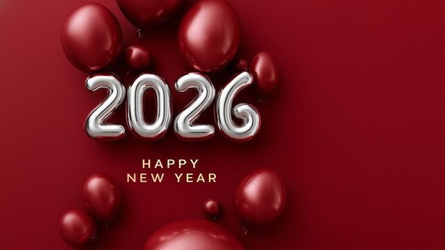 Festliche Neujahrs-Szene mit metallischen 2026-Zahlen und roten Luftballons auf rotem Hintergrund