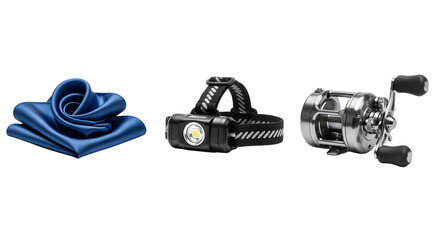 Fishing gear set including a fishing reel, headlamp, and blue cloth, essential equipment for night fishing or angling trips