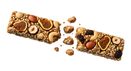 Crunchy granola bar broken in half with nuts and dried fruits scattered, healthy snack food perfect for on-the-go energy