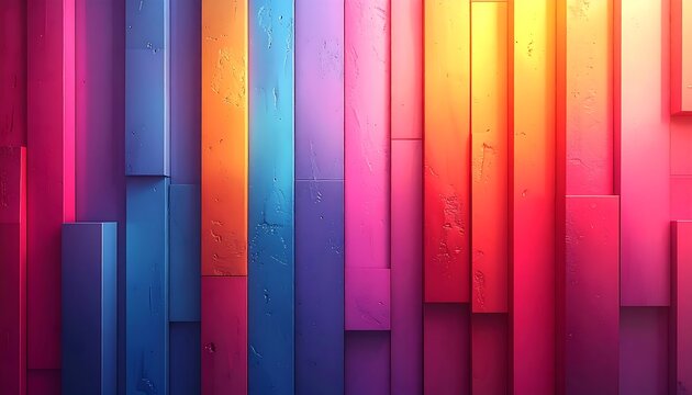 Abstract array of colorful, vertically aligned, rough wooden planks in vibrant gradient hues; light source right
