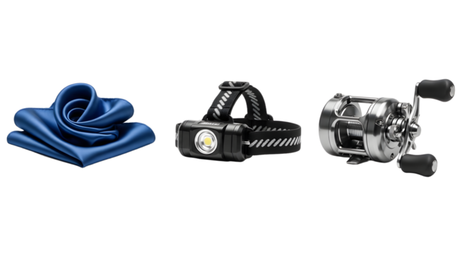 Fishing gear set including a fishing reel, headlamp, and blue cloth, essential equipment for night fishing or angling trips