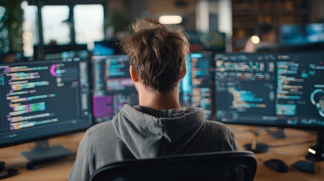 A person with messy hair codes intently at multiple computer screens displaying lines of text, workspace blurred