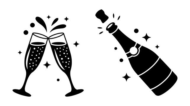 Champagne toast flutes and popping bottle icon set with celebratory effervescence and sparkling elements, vector illustration for events - Powered by Adobe