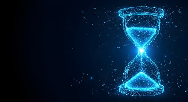 Digital illustration of an hourglass with glowing blue sand flowing, represented by interconnected lines and dots against a dark background. - Powered by Adobe