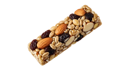 Nut and seed bar with almonds, sunflower seeds, and raisins on black background, healthy snack and energy food
