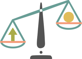 Minimal balance scale with uneven pans, one holding a circle and the other an upward arrow, symbolizing imbalance, decision making, and weighing options