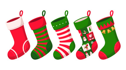 Five vibrant christmas stockings, displaying classic red and green colors with diverse festive patterns, perfect for holiday season decorations and gift anticipation.