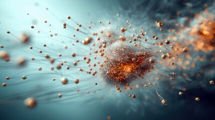 An abstract image of a molecular structure with glowing particles, suggesting a futuristic or scientific concept.