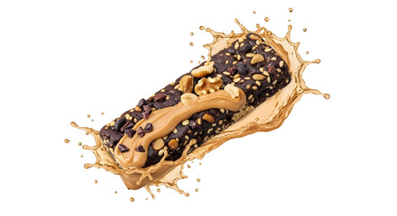 Chocolate granola bar with peanut butter, nuts, and chocolate chips splashing in milk, healthy snack food concept
